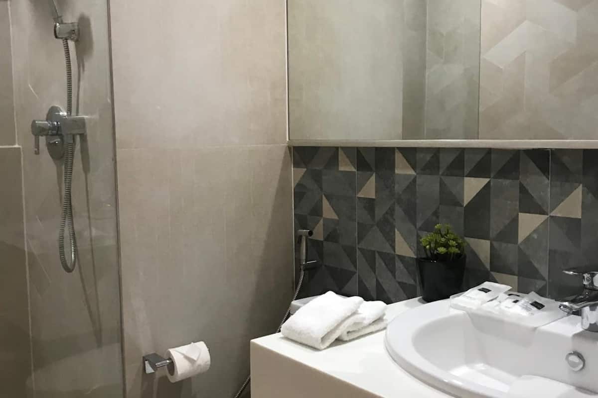 shower, rainfall showerhead, free toiletries, hair dryer