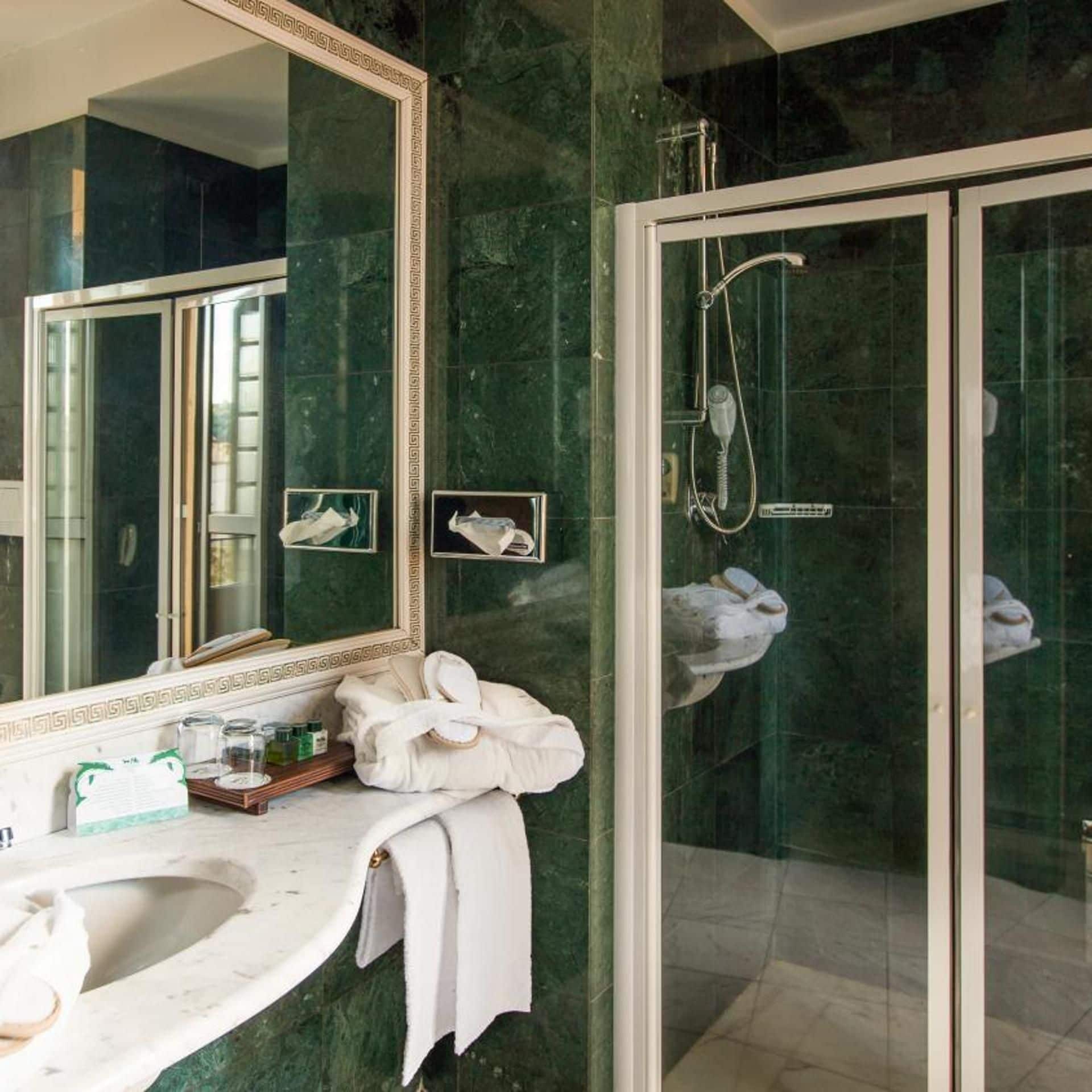Ein Badezimmer mit einem großen Spiegel, einer Duschkabine aus Glas und einer Marmorarbeitsplatte.
