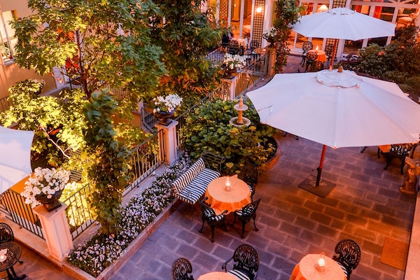 Brunch served, garden views