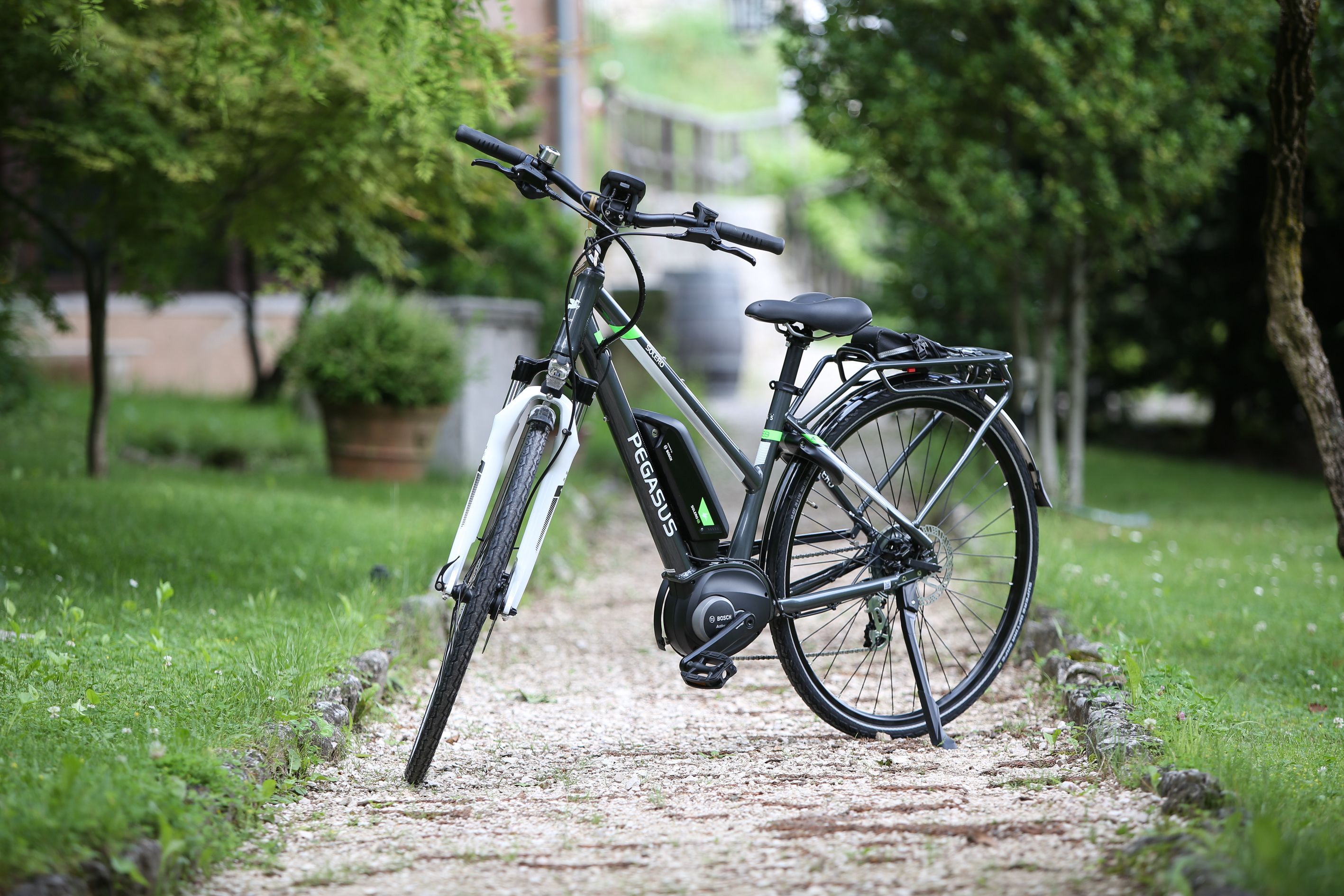 A stationary bicycle with a green frame and a black seat, parked on a gravel path surrounded by greenery.