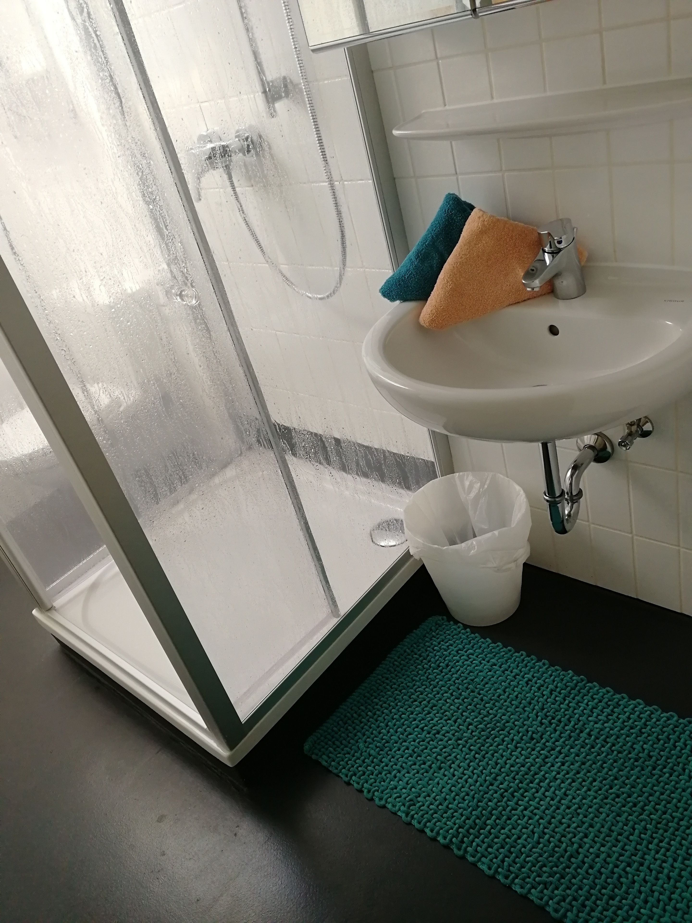 A bathroom with a glass shower door, a white sink, a towel rack, and a white trash bin.