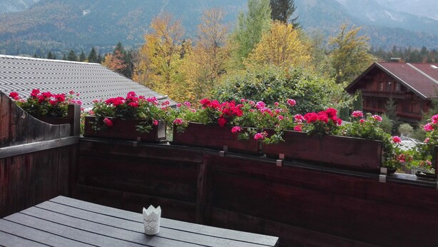 Una terraza de madera con una mesa y macetas de flores, con vistas a una cordillera con follaje otoñal.