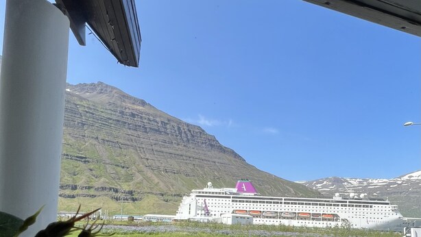 Vue d’un navire de croisière amarré dans un port, avec une chaîne de montagnes en arrière-plan.
