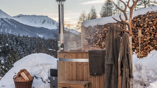 Un sauna avec vue sur des montagnes enneigées, une pile de bois de chauffage et une bouteille de vin.
