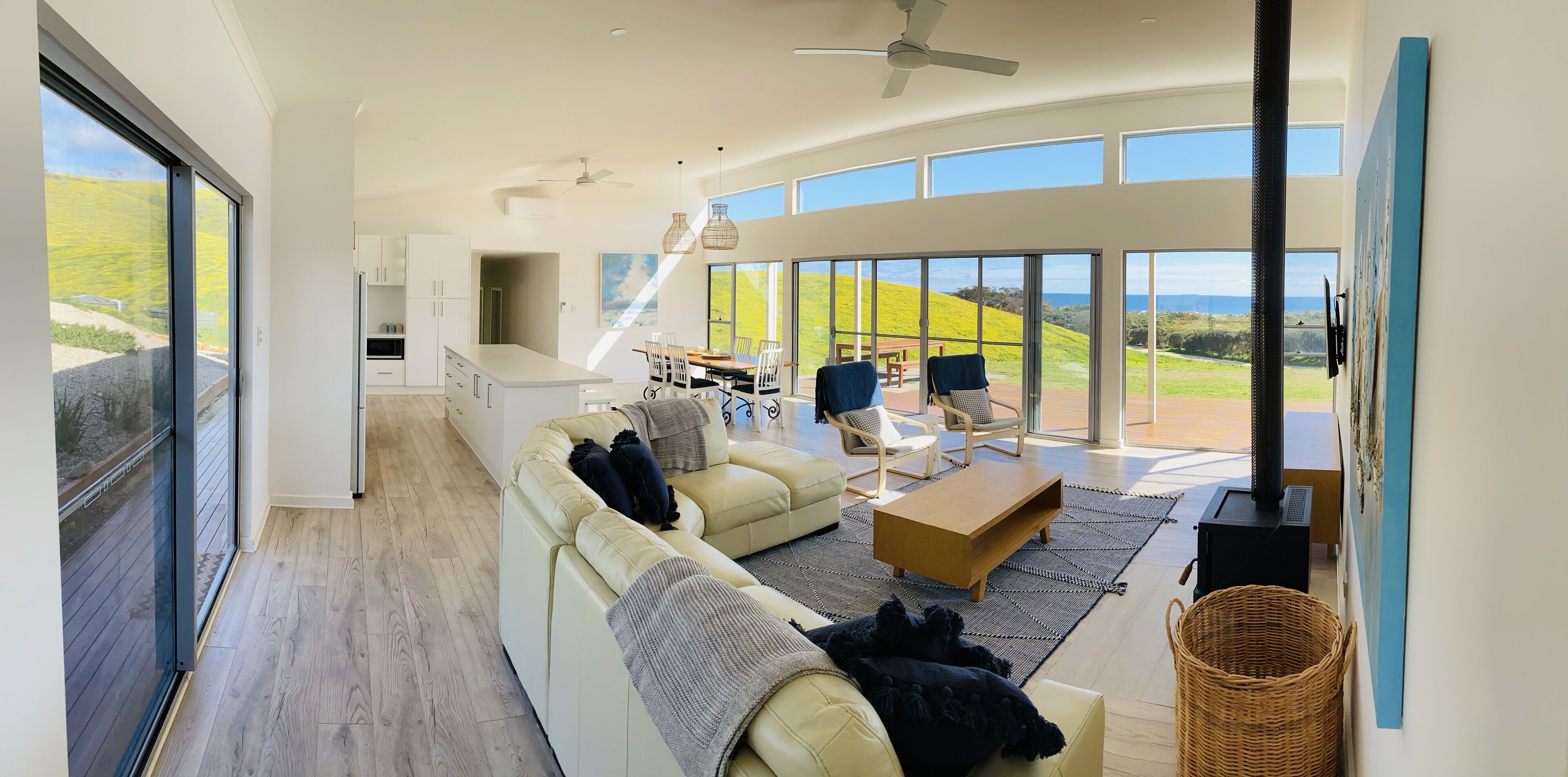 West lounge room view to kitchen and dining area