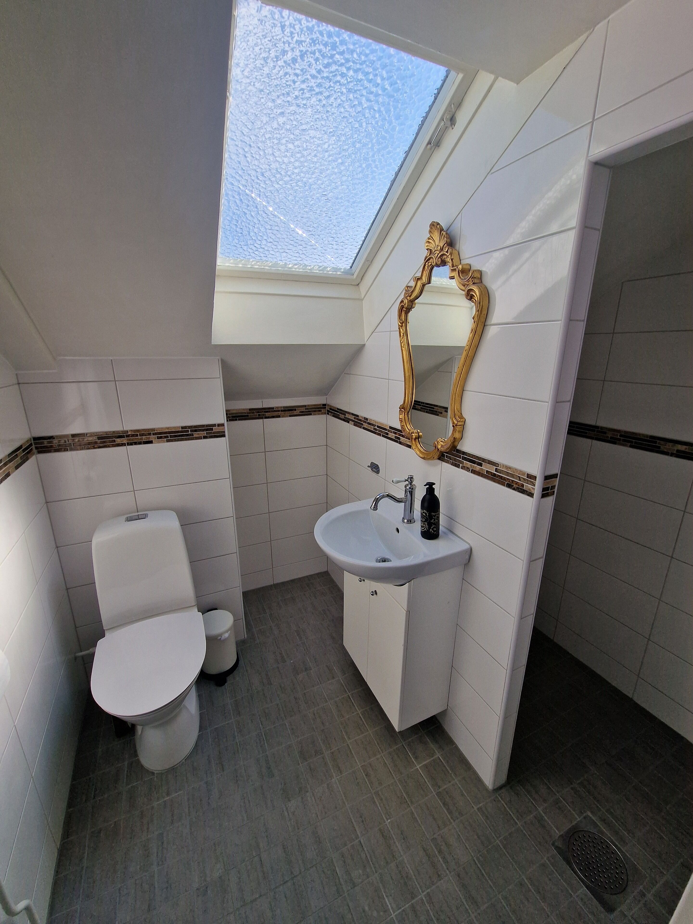 Un baño con tragaluz, azulejos blancos, inodoro blanco, lavabo blanco y un espejo con marco dorado.