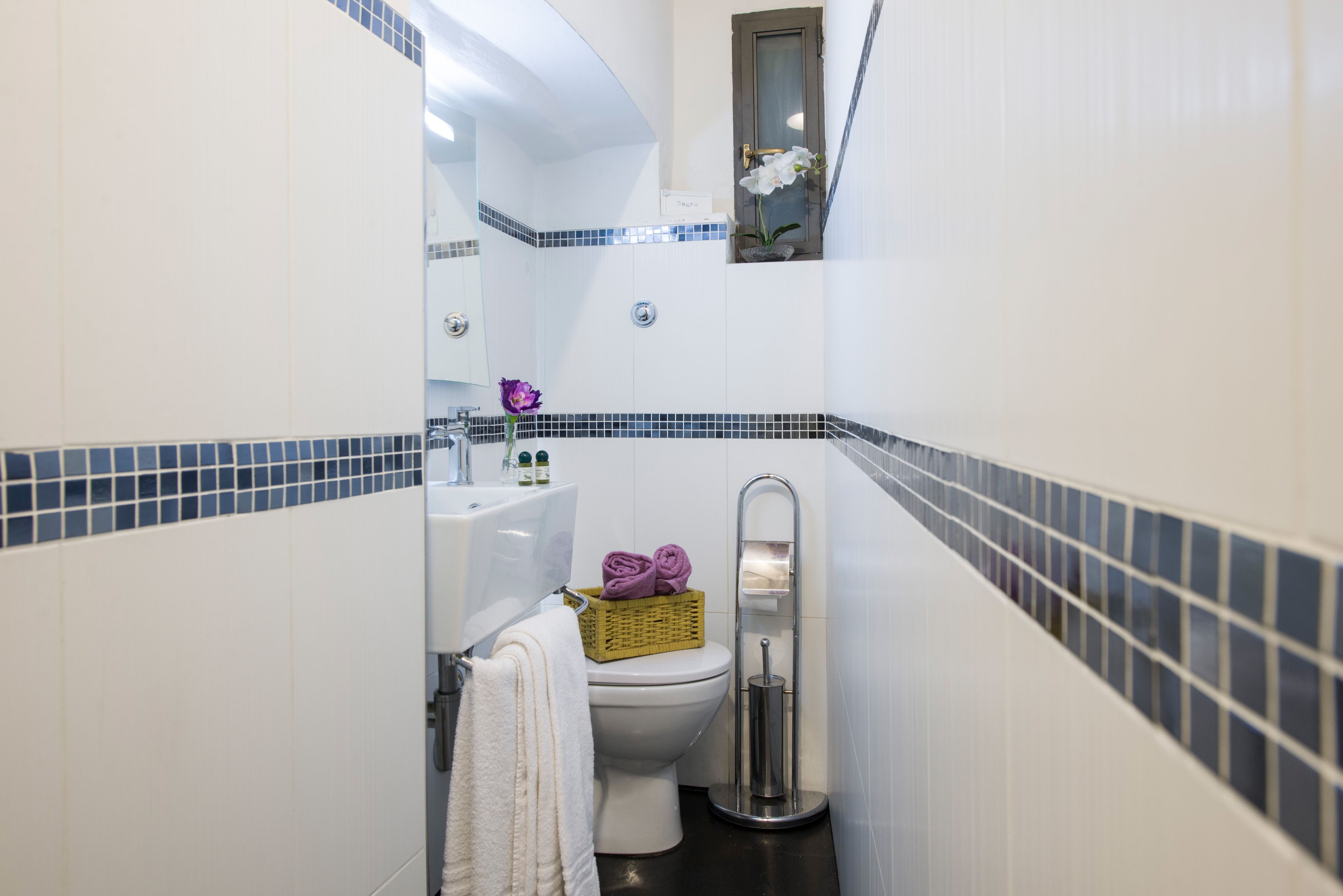 Un bagno compatto con il water bianco, un piccolo lavandino e uno specchio.