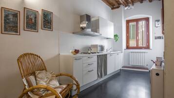 Apartamento, 2 quartos | Cozinha americana privada | Geladeira, micro-ondas, cooktop, cafeteira/chaleira