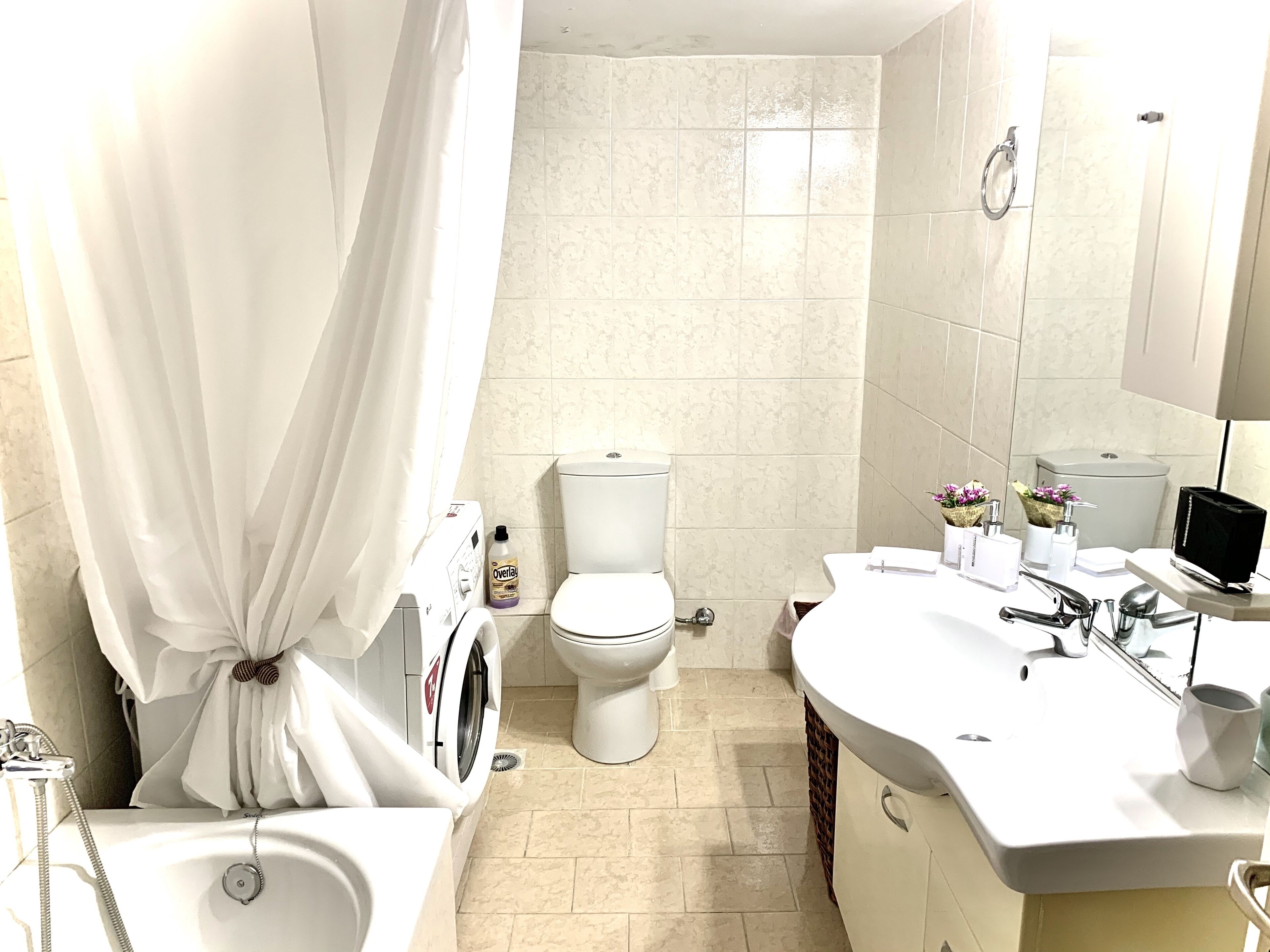 Bañera con ducha, secador de pelo, toallas, jabón