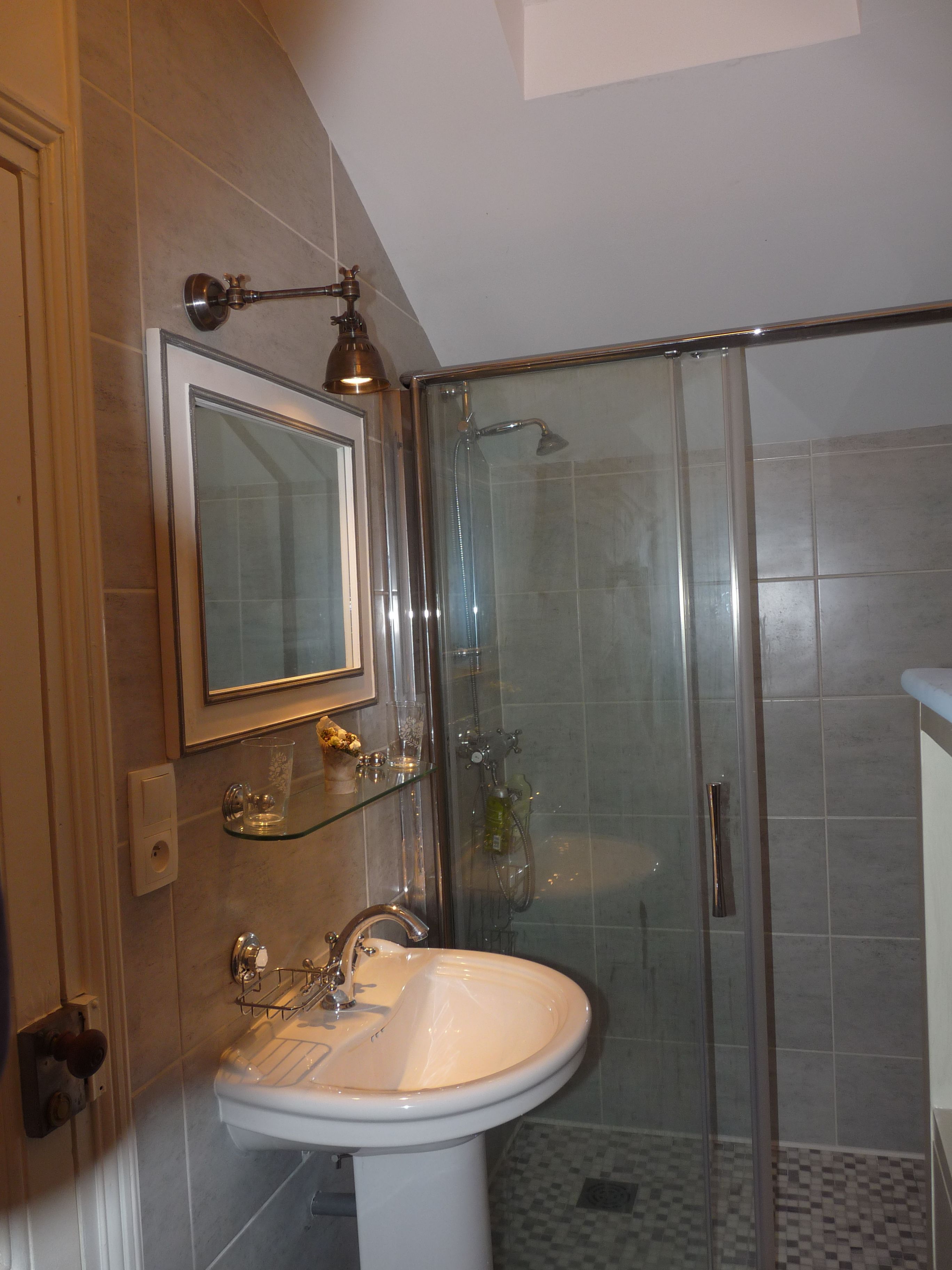 A bathroom with a glass shower enclosure, a sink with a mirror above it, and a glass shelf with toiletries.