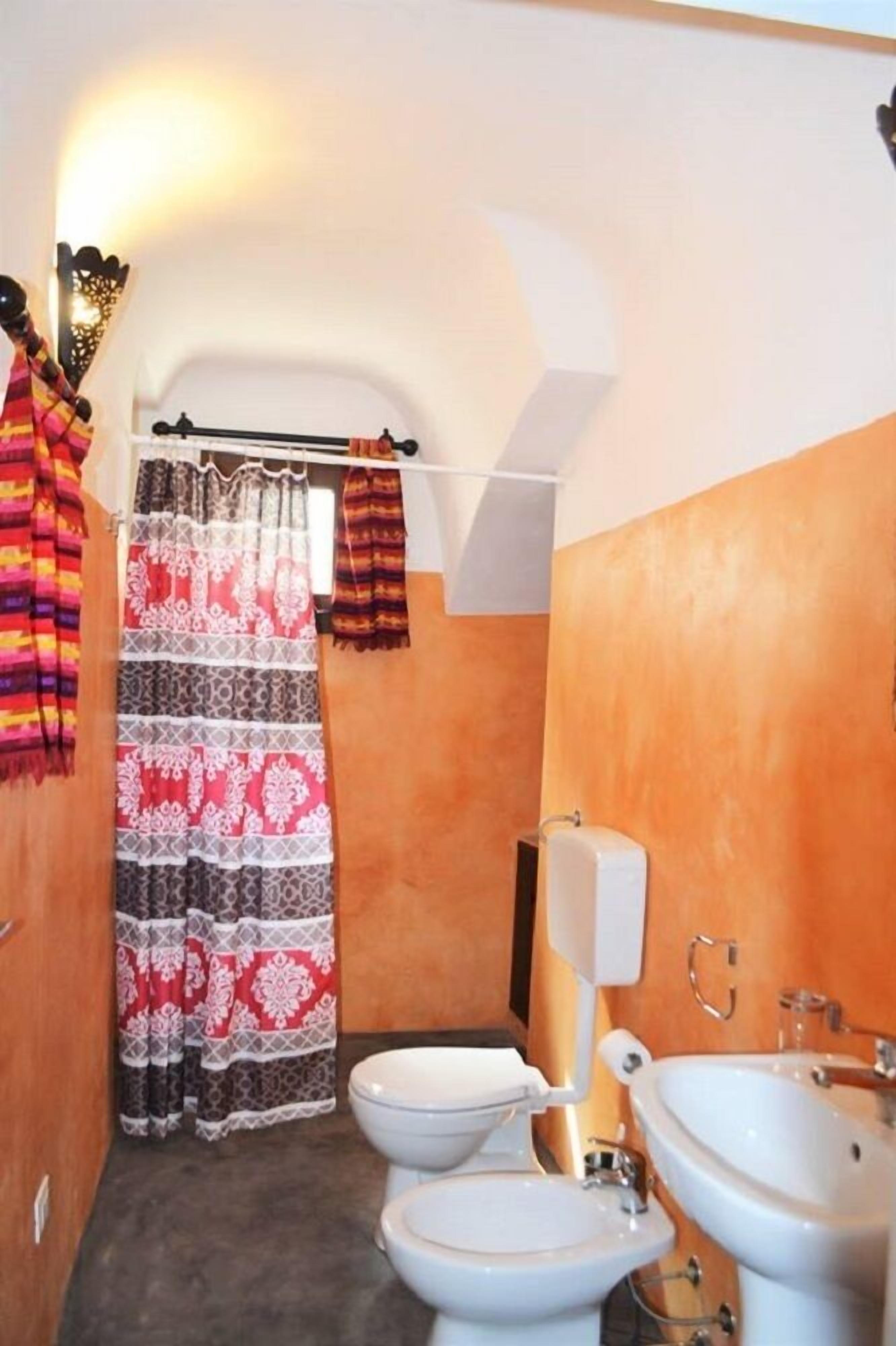 A compact bathroom with two toilets, a sink, and a shower curtain with a patterned design.
