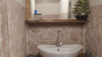 Shower, towels, soap, toilet paper