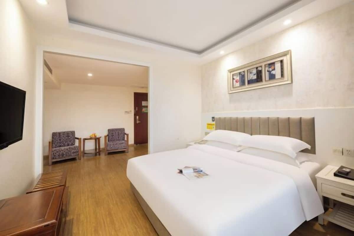 A hotel room with a large bed, a bedside table with a lamp, a TV mounted on the wall, and a seating area with two chairs and a small table.