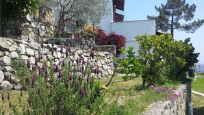 Um muro de pedra com flores roxas, um edifício branco e uma árvore.