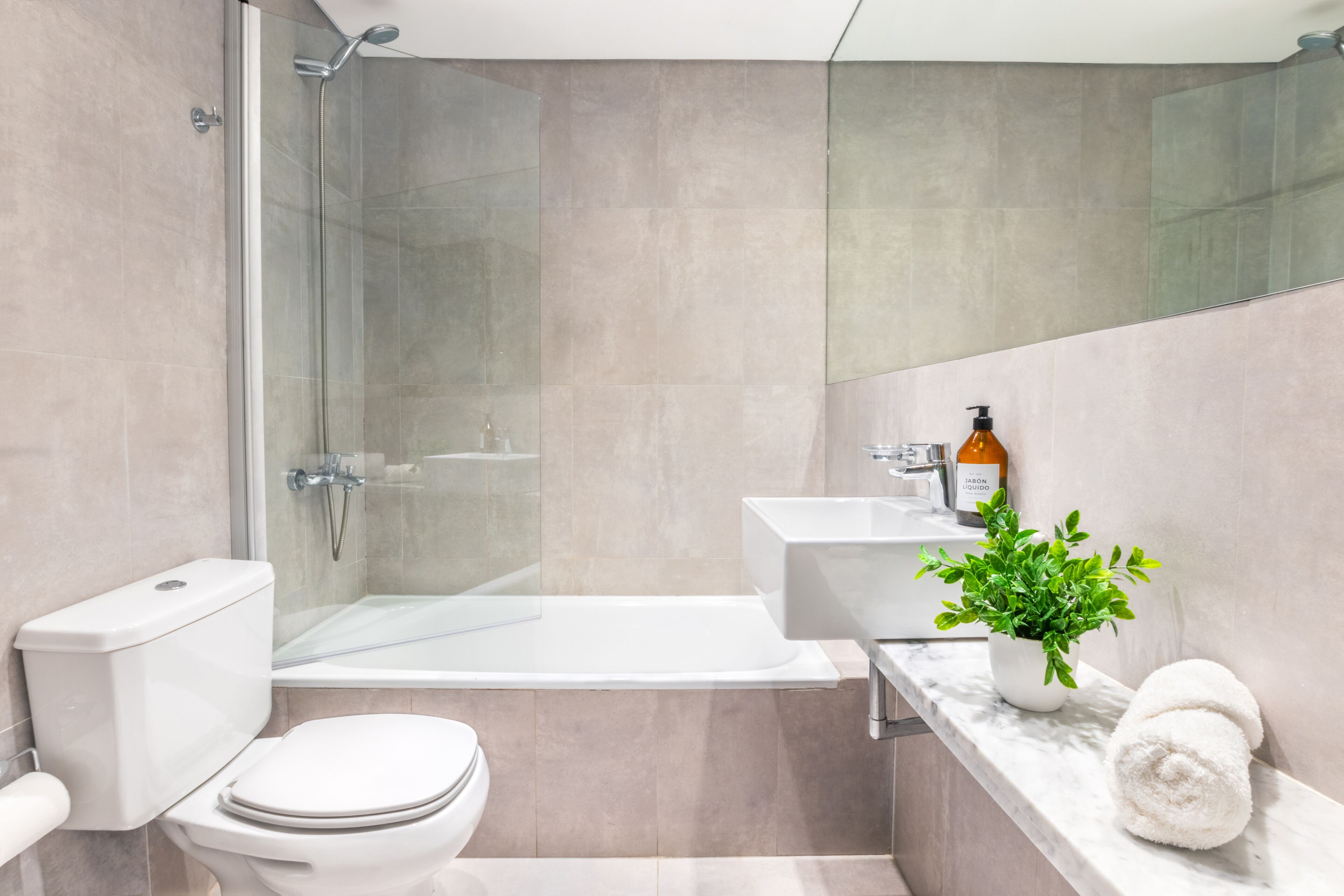 A modern bathroom with a glass-enclosed shower, a white toilet, a white sink, and a potted plant.