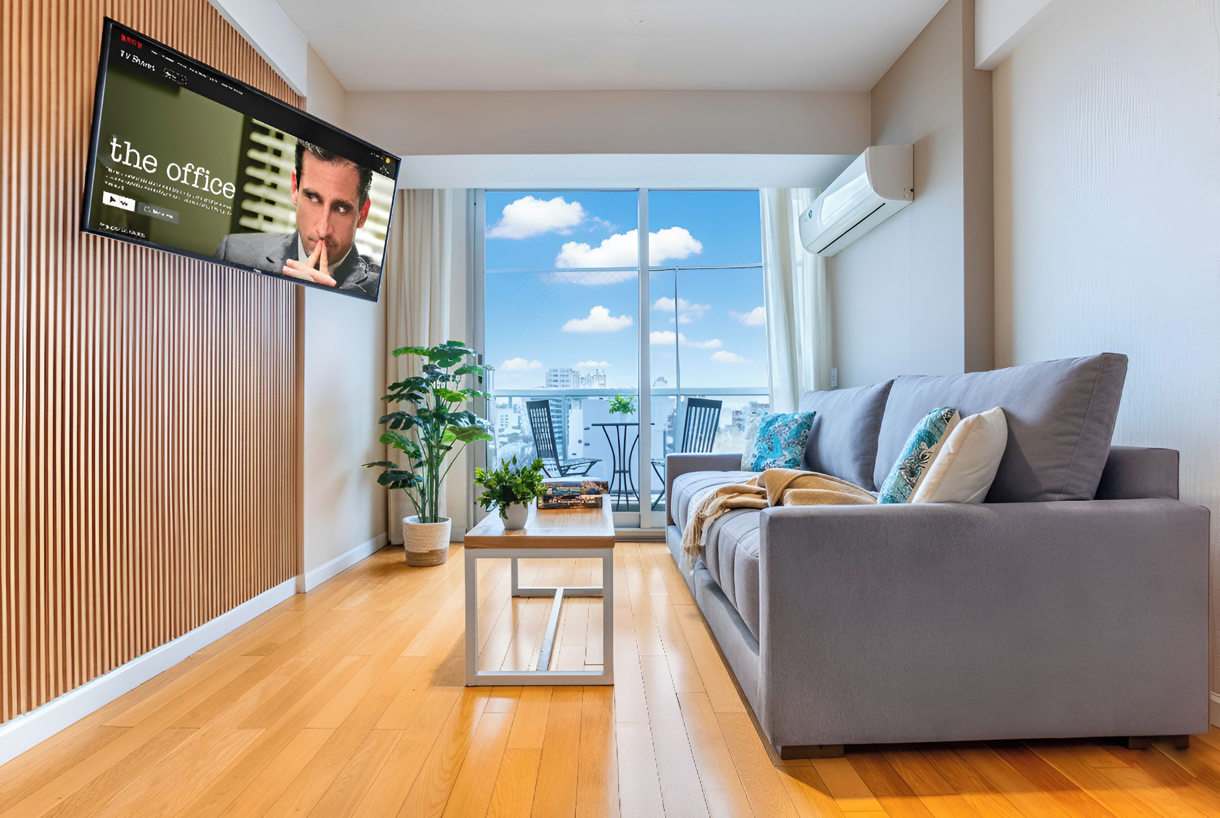 A modern living room with a grey sofa, a wooden floor, a TV on the wall, and a large window with a city view.
