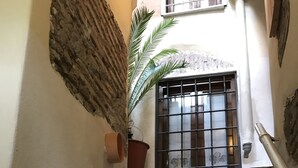 A narrow staircase with a potted plant on the landing.