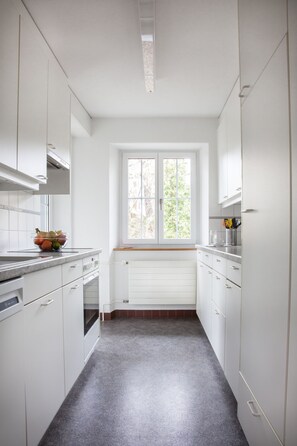 Großer Kühlschrank, Ofen, Herdplatte, Espressomaschine