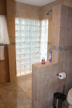 Luxury-Doppelzimmer, 1 Queen-Bett, Meerblick, Erdgeschoss | Badezimmer | Dusche, Regendusche, umweltfreundliche Kosmetikartikel, Haartrockner