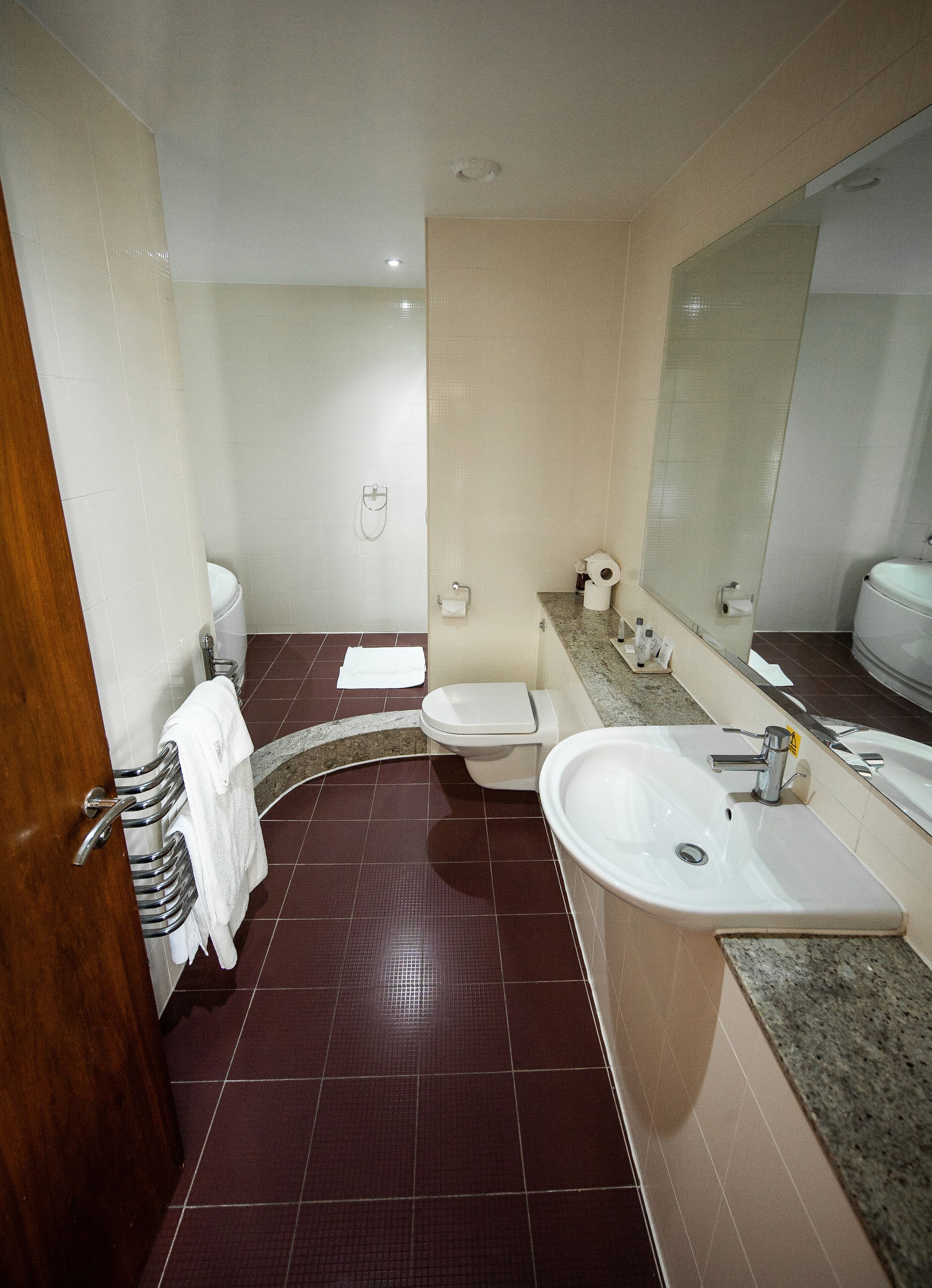 A bathroom with a toilet, sink, and mirror.