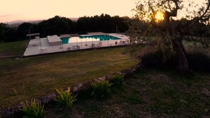 Un área moderna junto a la piscina con una pileta rectangular, rodeada por un muro de piedra bajo y un césped.