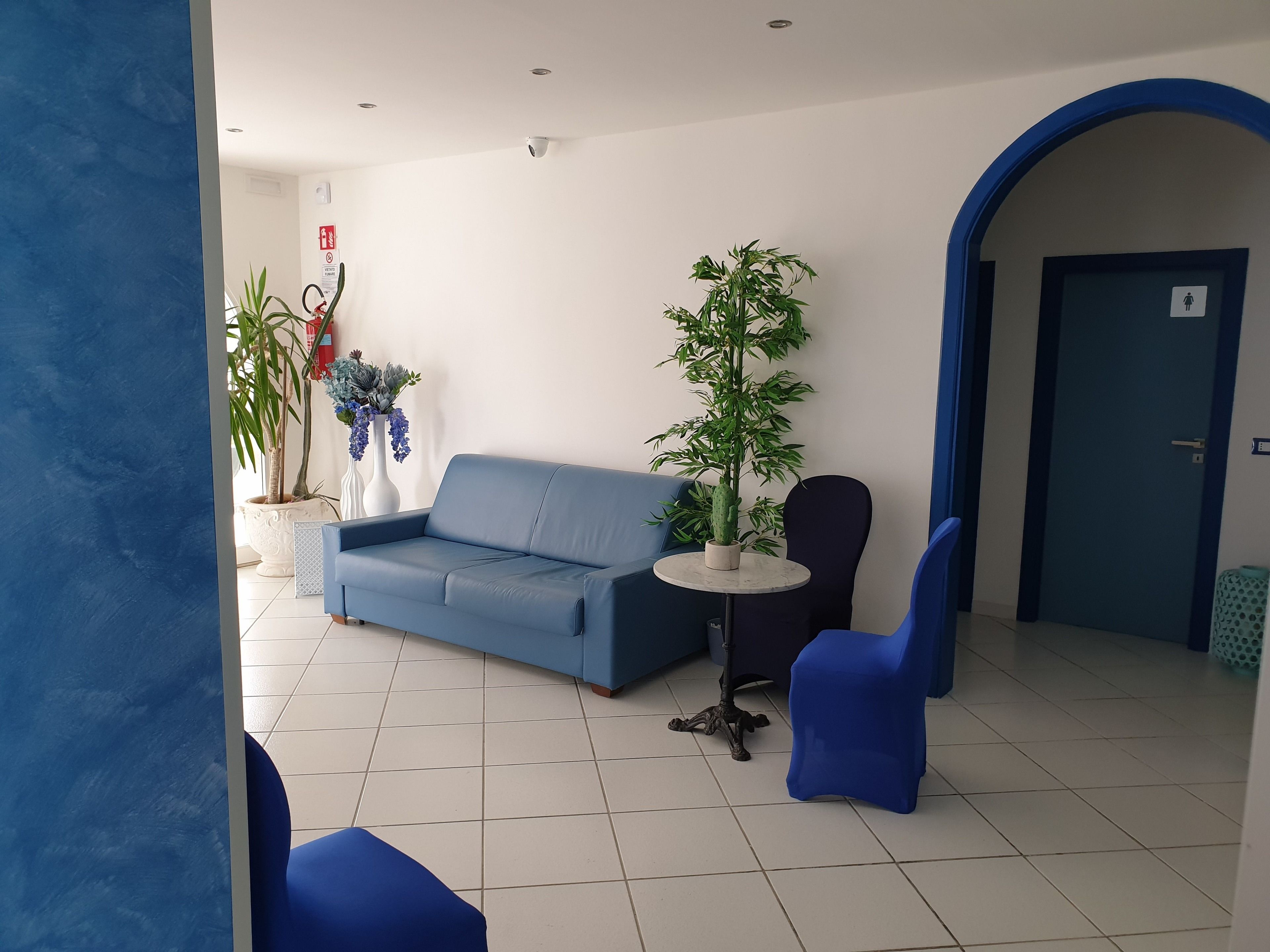 Zona de recepción con un sofá azul, dos sillas azules, una mesita redonda y plantas en macetas.