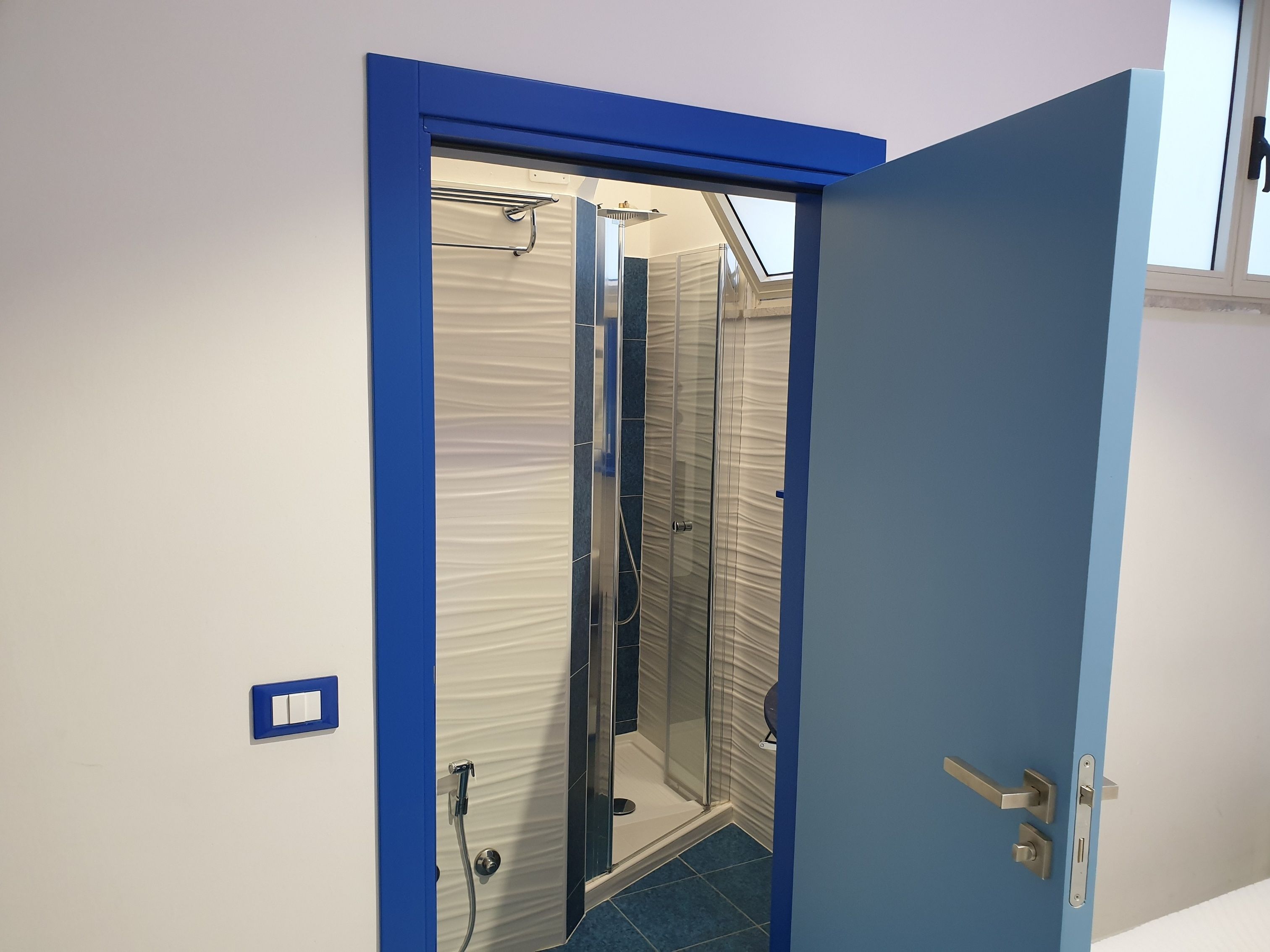 Een badkamer met een douchecabine van glas, een blauw deurkozijn en een handdoekhouder.