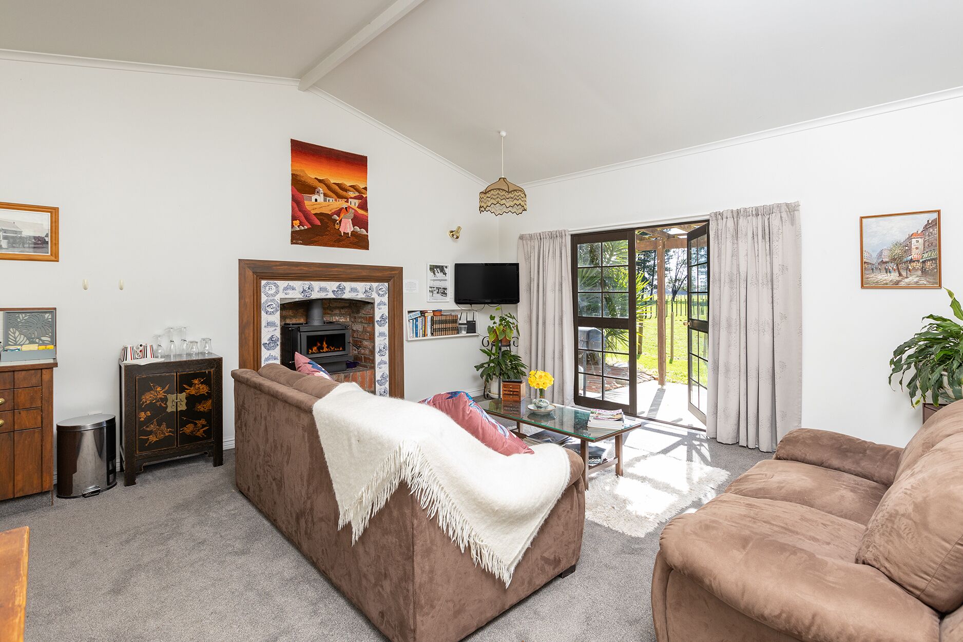 Televisión, chimenea, libros y estéreo 