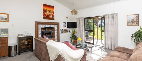 TV, fireplace, books, stereo