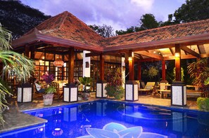Outdoor pool, a heated pool - Cool Bali Style Villa, w/stunning views, HiSpeedWifi., 3Brs. solar heated pool.  (Atenas)