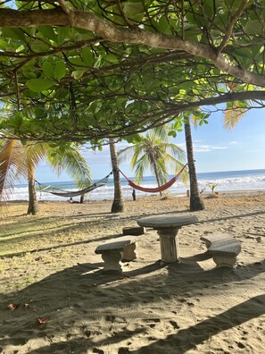 On the beach, beach towels