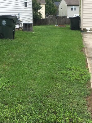 Backyard with a well-maintained lawn and a wooden fence.