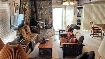 Smart TV, fireplace, DVD player, books