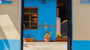 Ein Hauseingang mit blauer und beiger Fassade, einem Ziegeldach und Blumentöpfen.