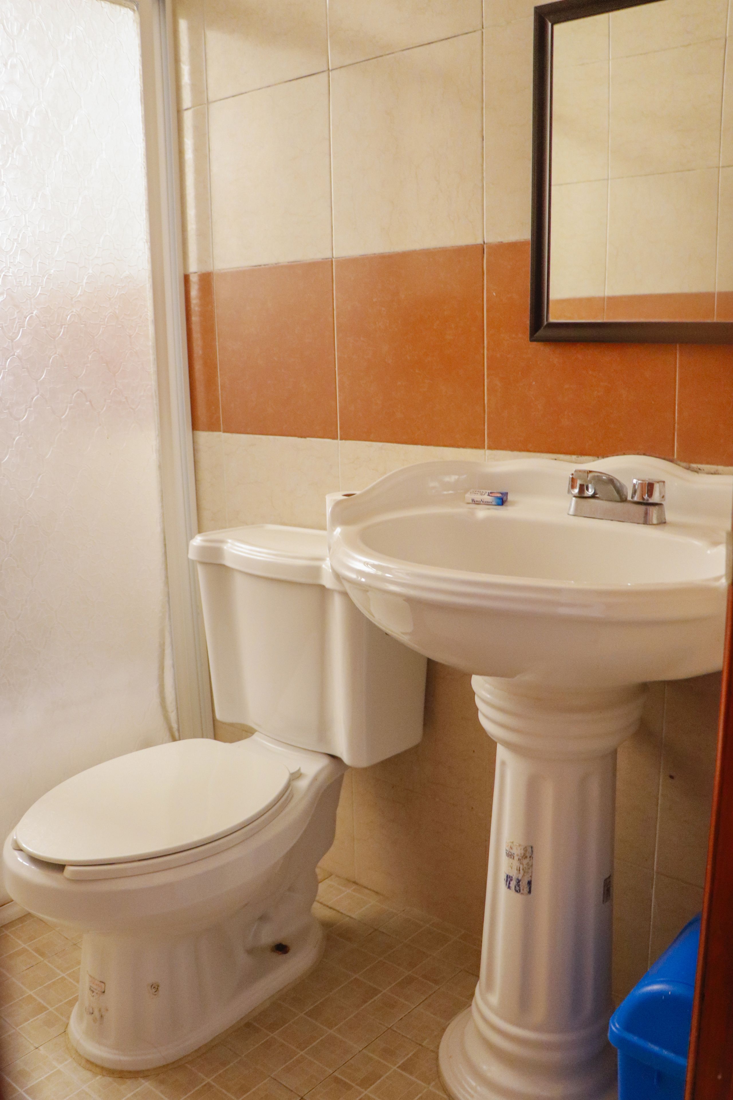 Une salle de bain avec des toilettes, un lavabo et un miroir au mur.