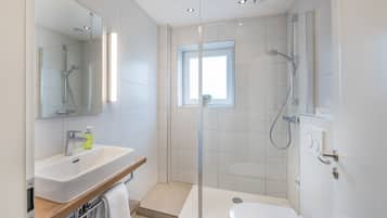 Shower, free toiletries, hair dryer, towels