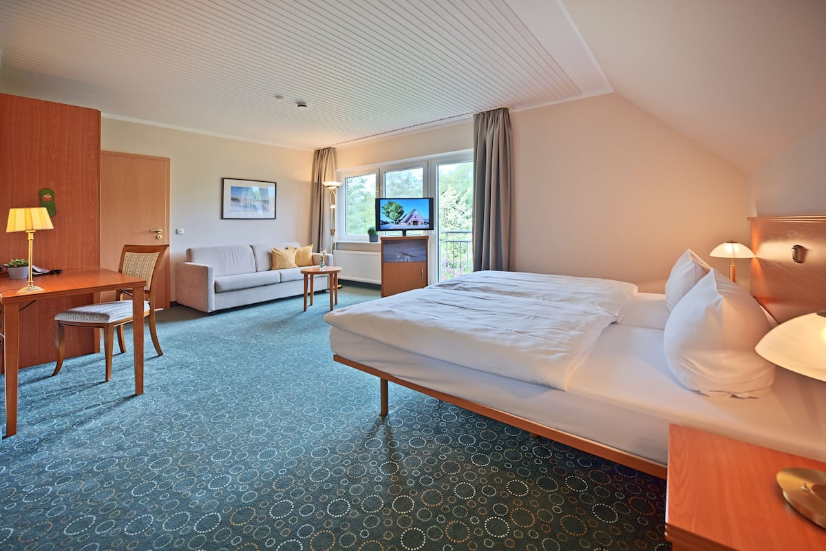 Habitación de hotel con cama, escritorio, silla, sofá, televisor y ventana con cortinas.