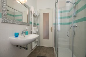 Shower, hair dryer, towels