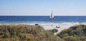 Enjoy a serene beach experience surrounded by lush vegetation.