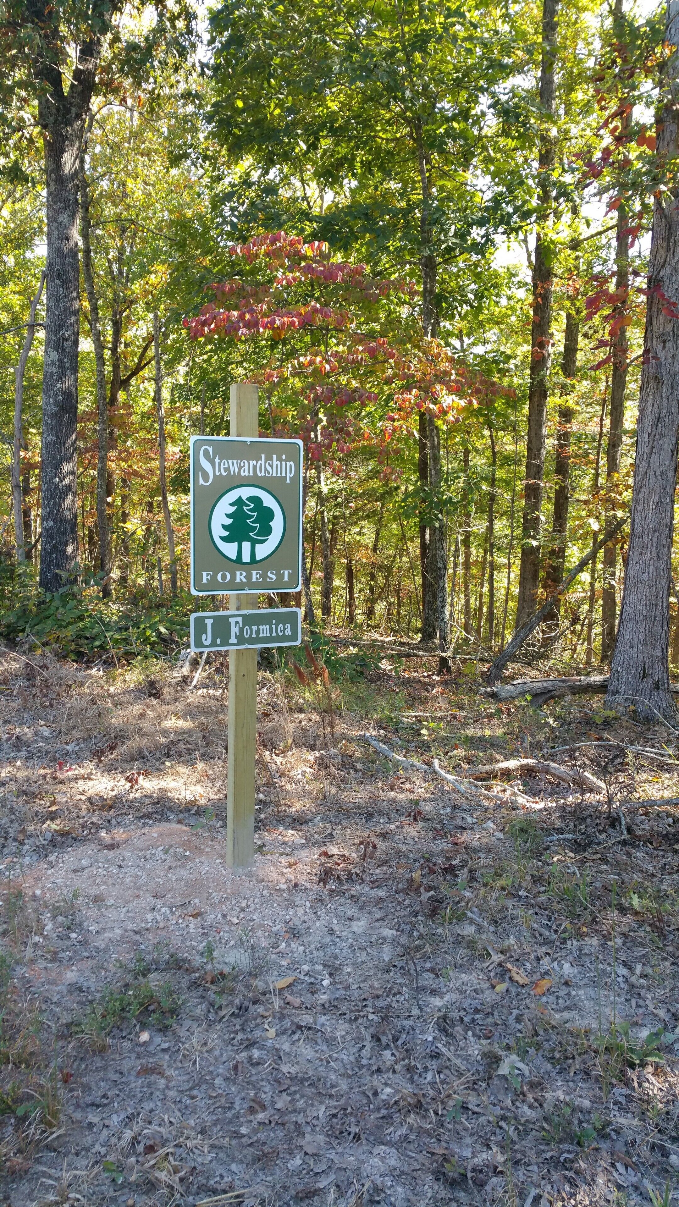 A signpost in a forested area with the text "Stewardship Forest" and "J. Formica".