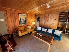 Smart TV, fireplace, DVD player, books