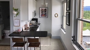 Una cocina moderna con encimera negra, armarios blancos y una planta colgante. Hay un cuadro en la pared y una ventana con vistas al verdor.