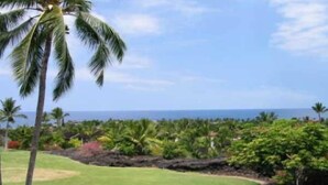 Un campo de golf con vistas despejadas al océano y abundante vegetación.