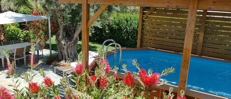 Piscine extérieure, chaises longues