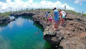 A group of people standing on rocky terrain overlooking a clear blue body of water. - Hostal La Isla del Descanso (Puerto Villamil)