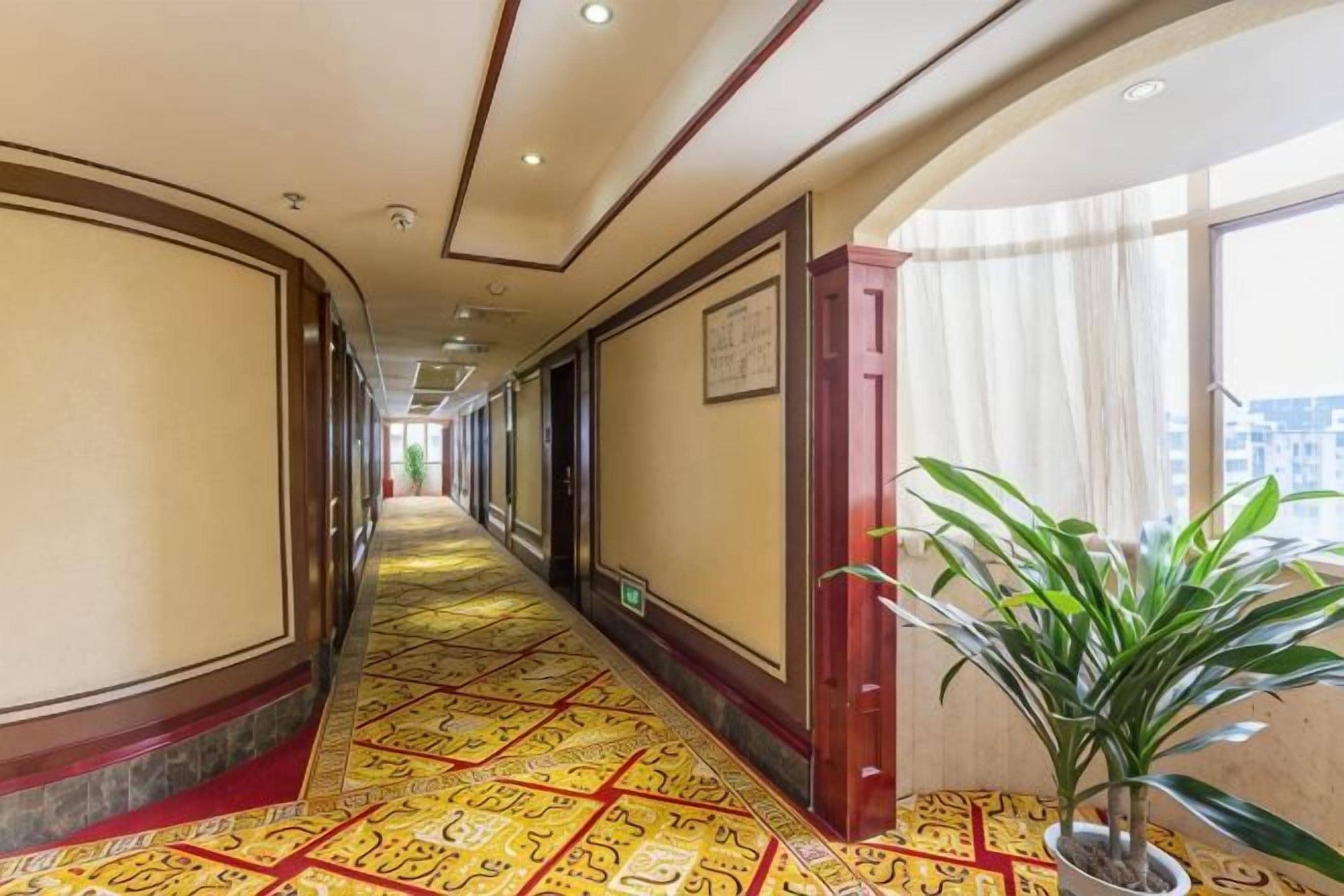 Pasillo de hotel con piso estampado, una planta en maceta y vistas a través de una ventana.