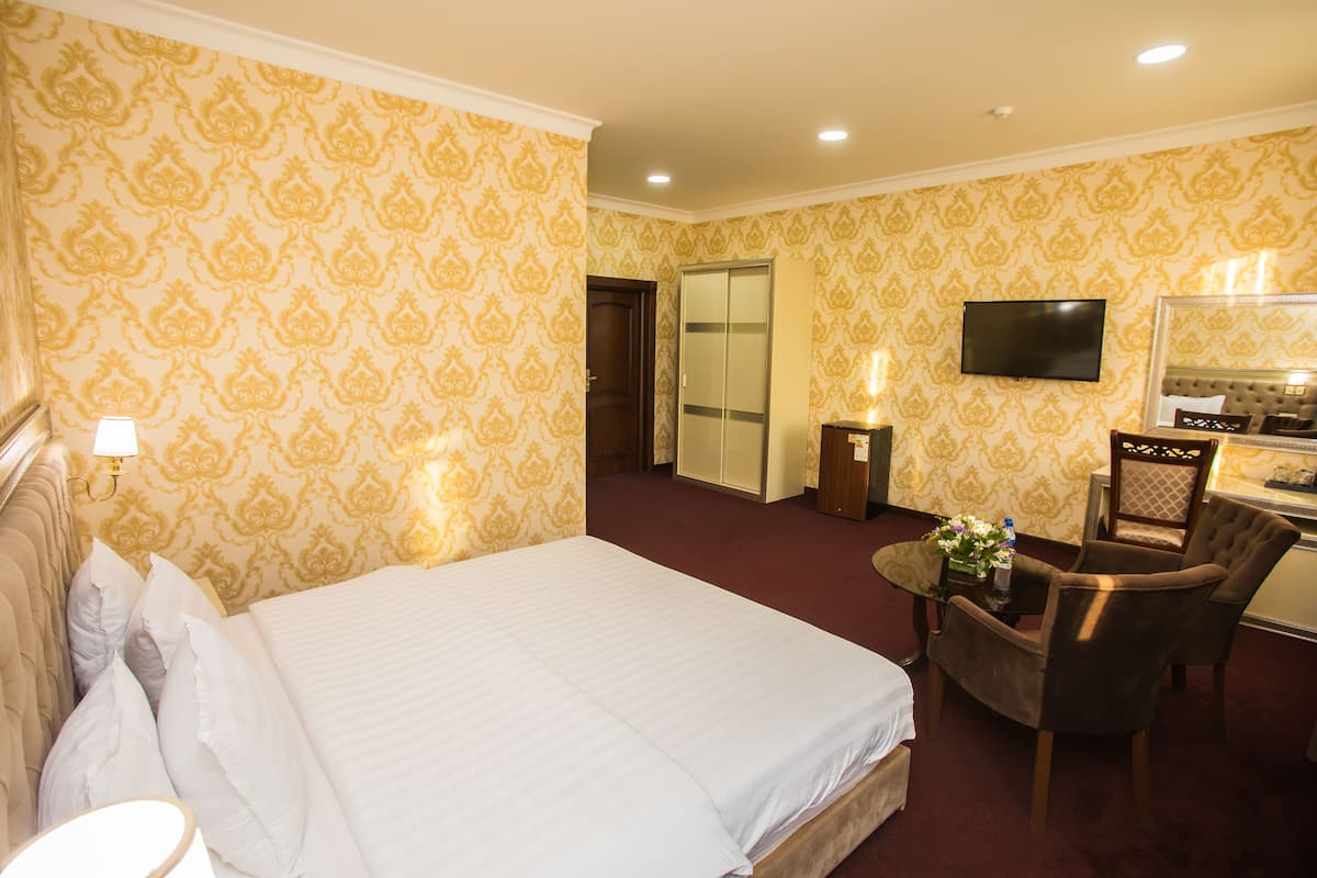 A hotel room with a large bed, a desk with a chair, a television, and a mirror.