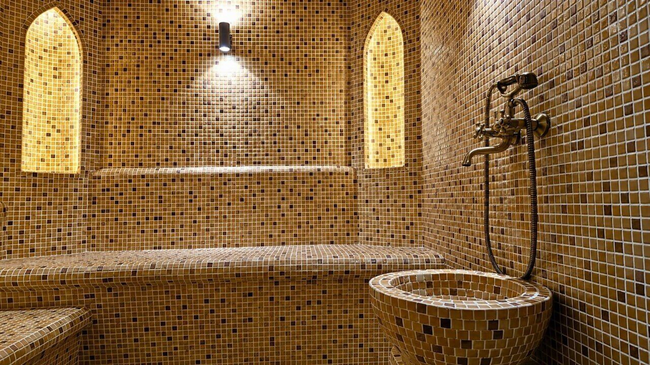 A bathroom with mosaic tile walls, a built-in bench, and a shower area.