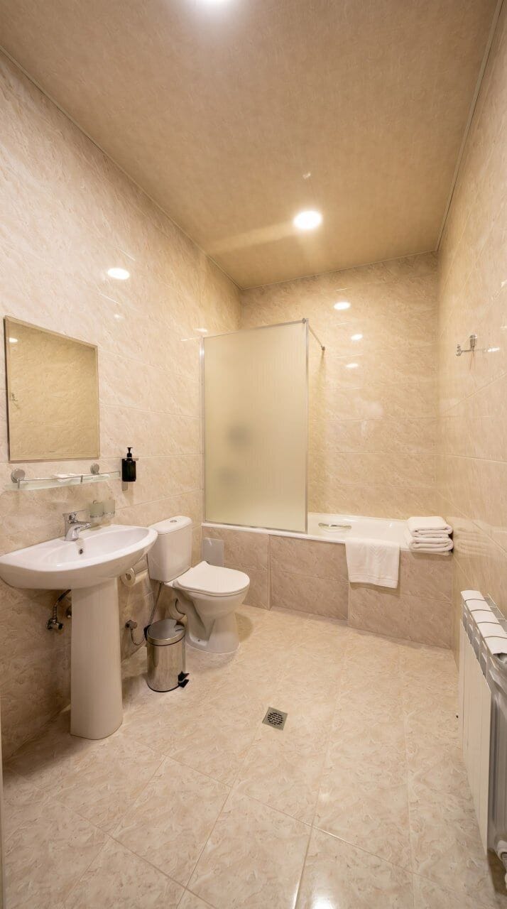 A modern bathroom with a sink, toilet, and shower.