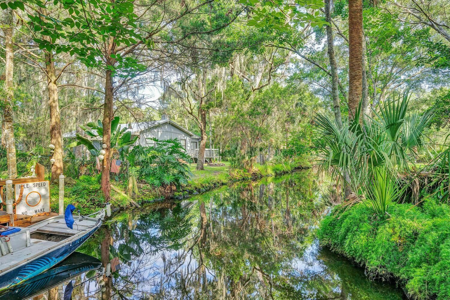 Una scena tranquilla lungo il fiume, con un pontile, una casa e una vegetazione rigogliosa.